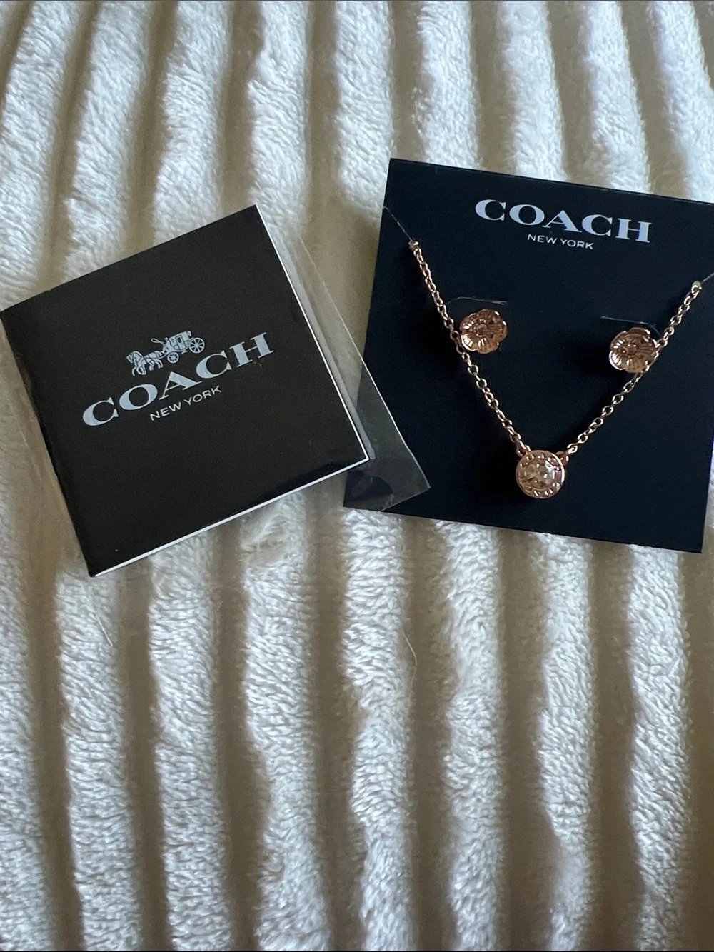 COACH Rose Gold Logo Coin Necklace & Studs Set